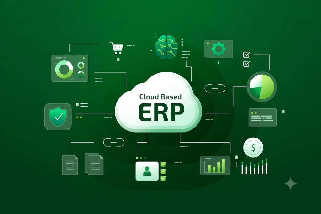 Epicor Kinetic cloud ERP platform interface diagram, illustrating modules for manufacturing, finance, and data analytics on a connected network.