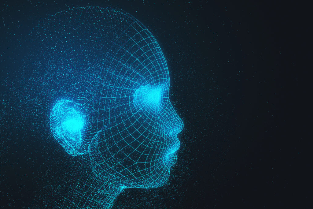 A glowing wireframe human head floating against a dark, starry background, symbolizing artificial intelligence, digital innovation, and futuristic technology.