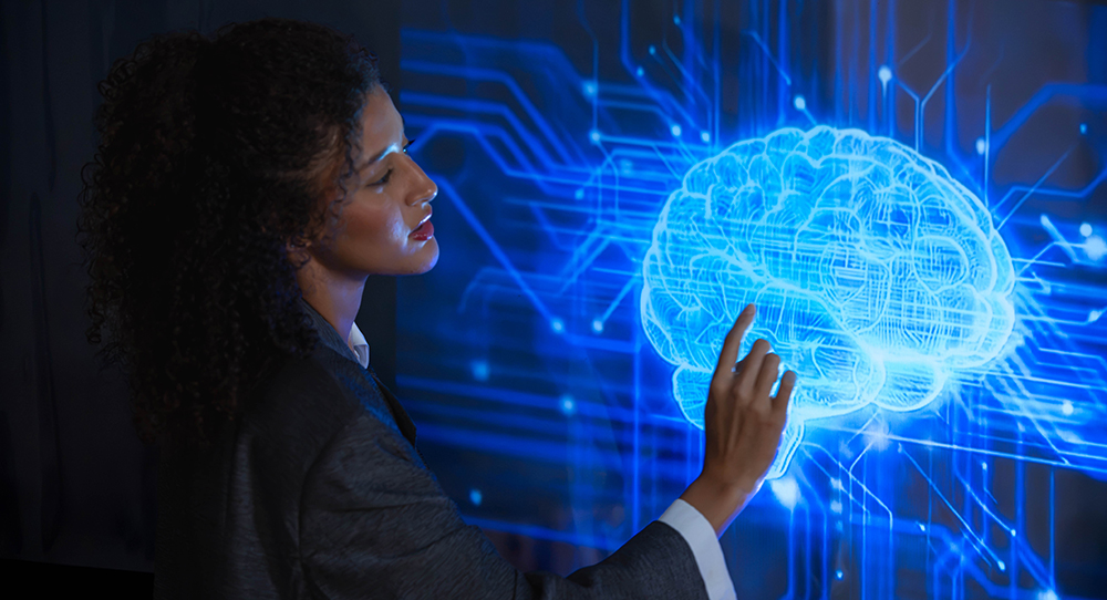 A young woman interacting with a digital brain interface, representing artificial intelligence and advanced technology.